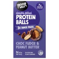 Packaging of Frooze Balls double filled protein balls in choc fudge and peanut butter flavour.