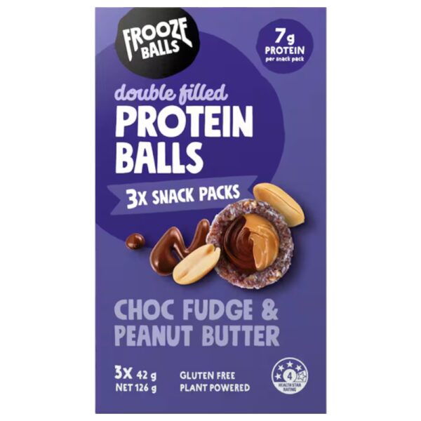 Packaging of Frooze Balls double filled protein balls in choc fudge and peanut butter flavour.