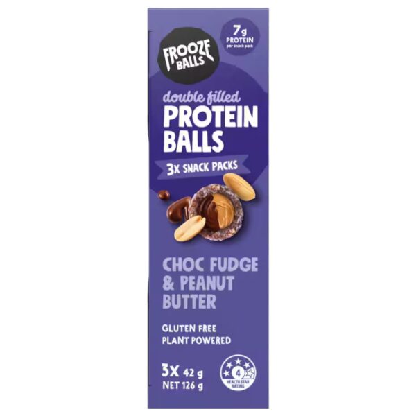Pack of Frooze Balls protein snack balls in choc fudge and peanut butter flavour, containing three 42g packs.