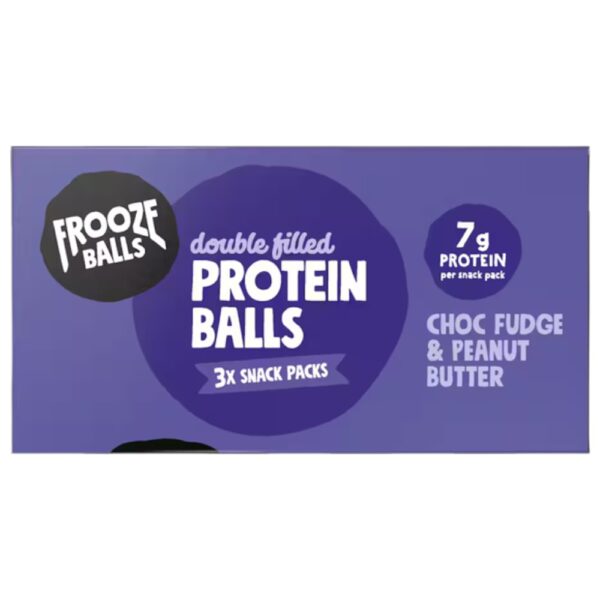 Packaging of Frooze Balls protein snack balls in choc fudge and peanut butter flavour, containing three snack packs.