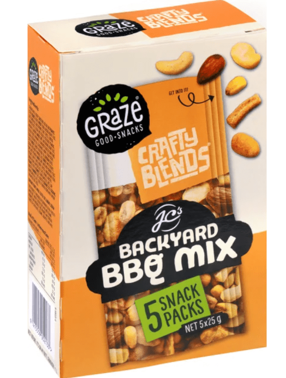 Pack of Graze Crafty Blends Backyard BBQ Mix containing five snack packs of 25g each.