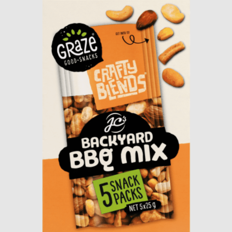 Pack of Graze Crafty Blends Backyard BBQ Mix containing five snack packs of mixed nuts.