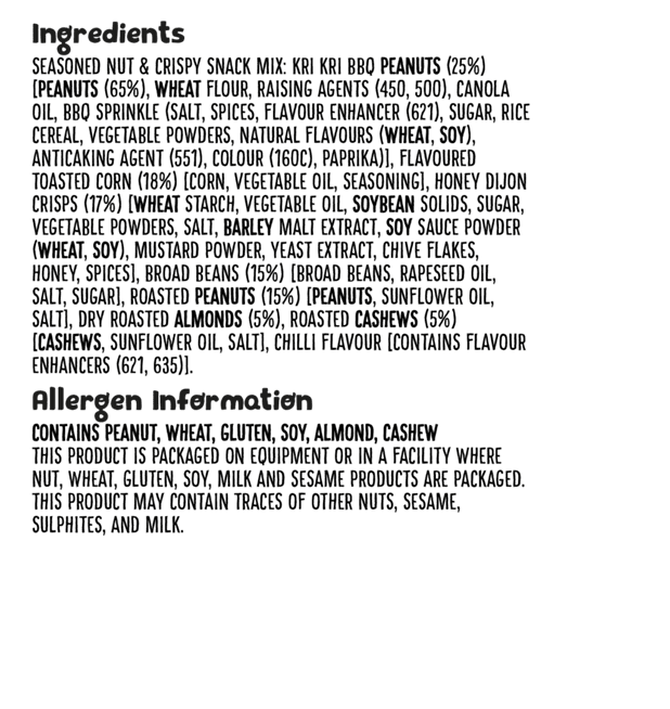 Ingredients list for Graze Crafty Blends Backyard BBQ mix, including various nuts and seasonings.