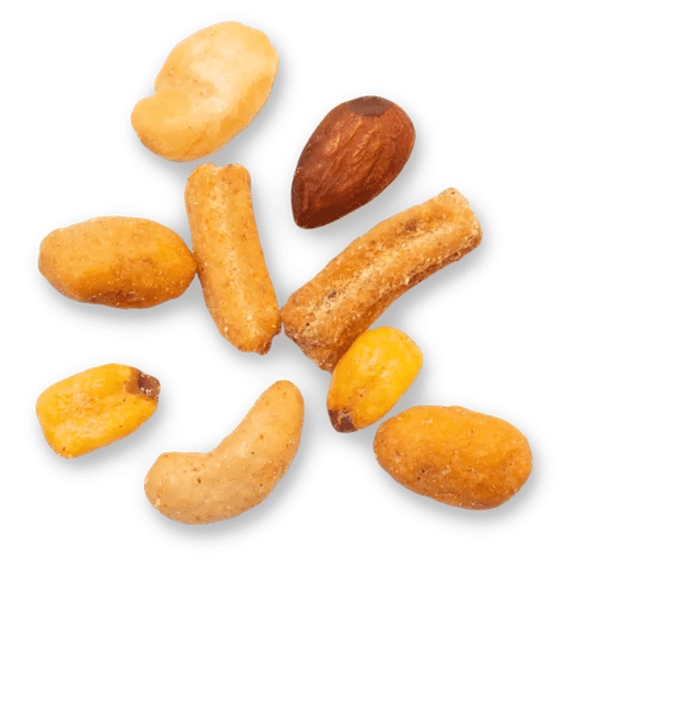 An assortment of mixed nuts including cashews, almonds, and crunchy snacks on a white background.