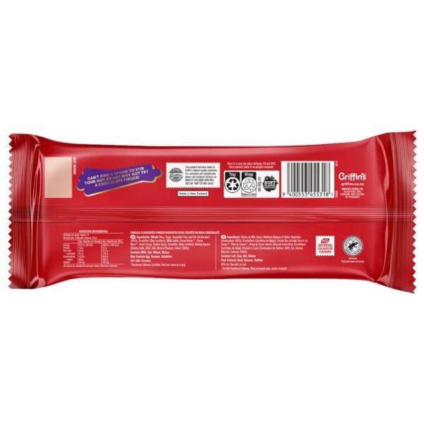 Back packaging of Griffin's Chocolate Fingers biscuits, detailing ingredients and nutritional information.