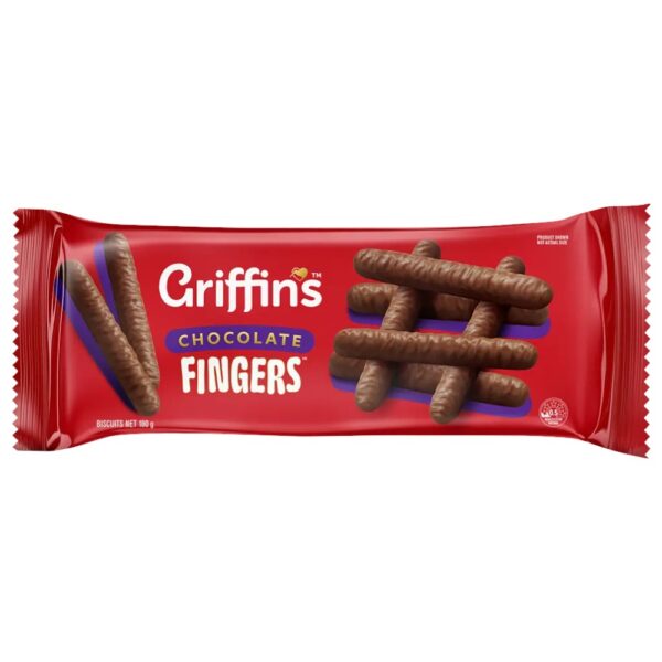 Pack of Griffin's Chocolate Fingers biscuits in a red wrapper, featuring chocolate-coated biscuit sticks.