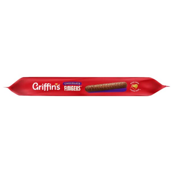 Pack of Griffin's Chocolate Fingers biscuits in red packaging with a chocolate-covered biscuit visible.