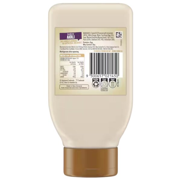 Back label of Heinz Seriously Garlic Aioli 295ml bottle showing ingredients and nutritional information.