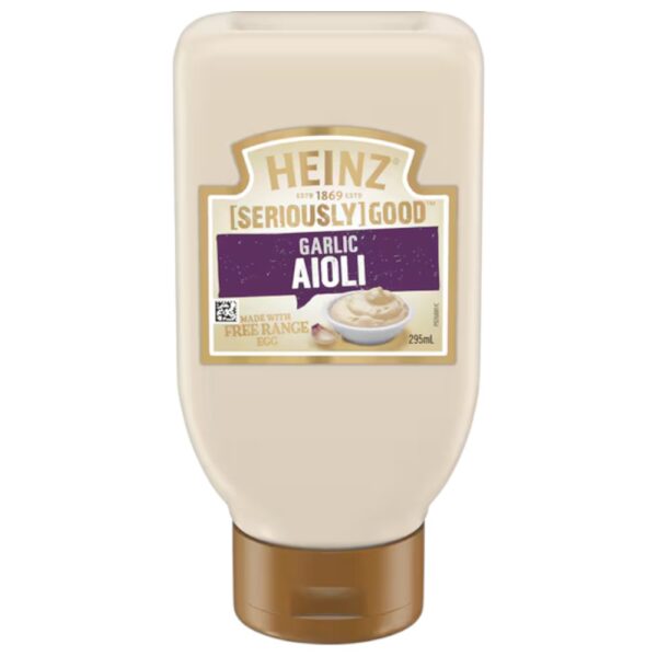 Bottle of Heinz Seriously Garlic Aioli with a beige label and brown cap, containing 295ml.