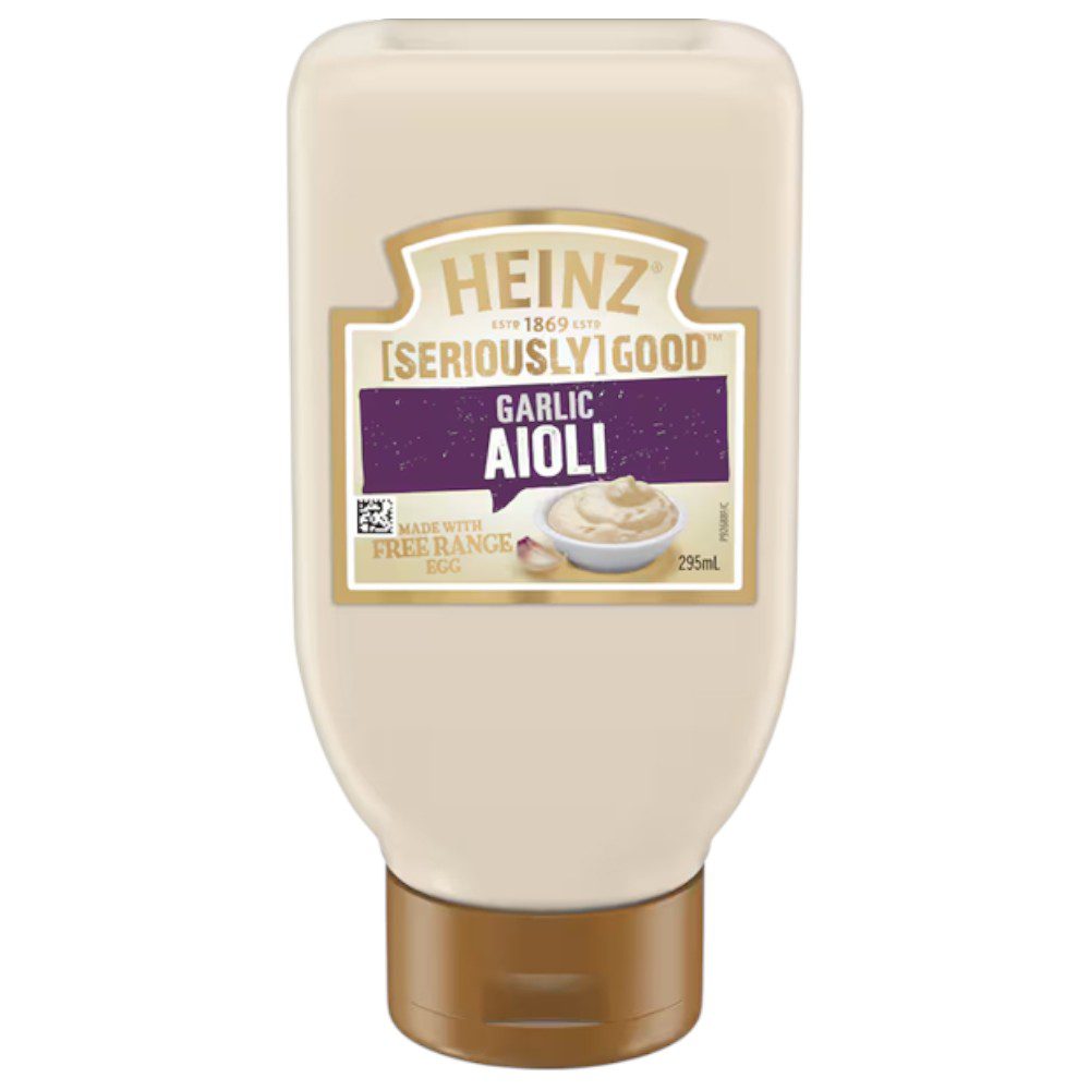 Bottle of Heinz Seriously Garlic Aioli with a beige label and brown cap, containing 295ml.