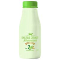 Bottle of Lewis Road Creamery lime milkshake with a green cap and label featuring lime graphics.