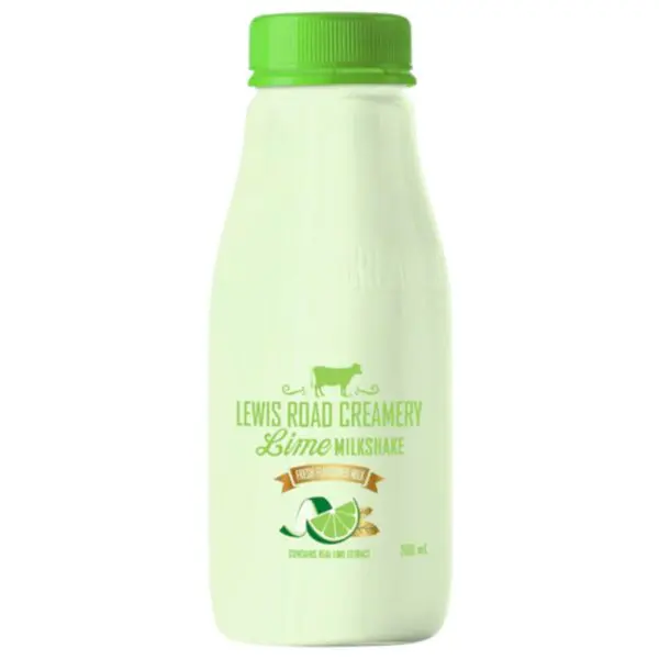 Bottle of Lewis Road Creamery lime milkshake with a green cap and label featuring lime graphics.