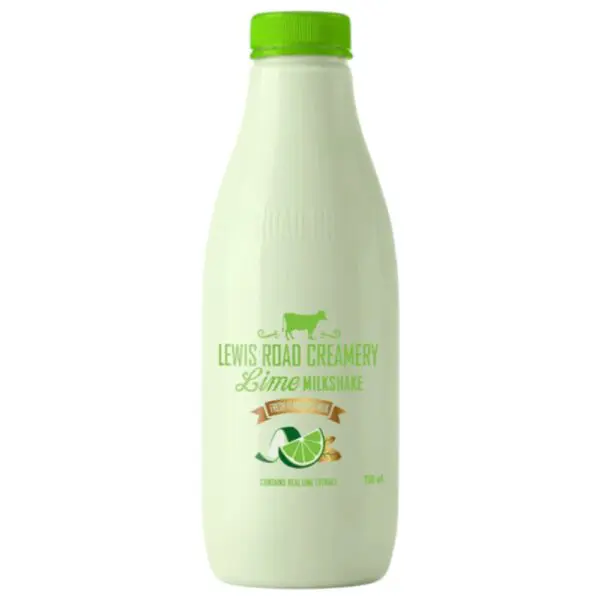 Bottle of Lewis Road Creamery lime milkshake with a green cap and label, containing 750ml.