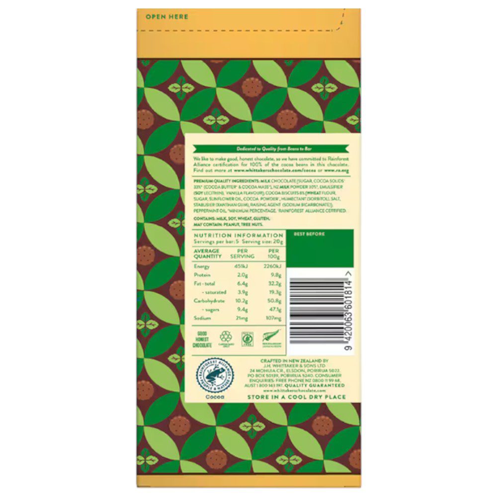 Back of Whittaker's limited edition peppermint cocoa biscuit milk chocolate block packaging with nutritional information.