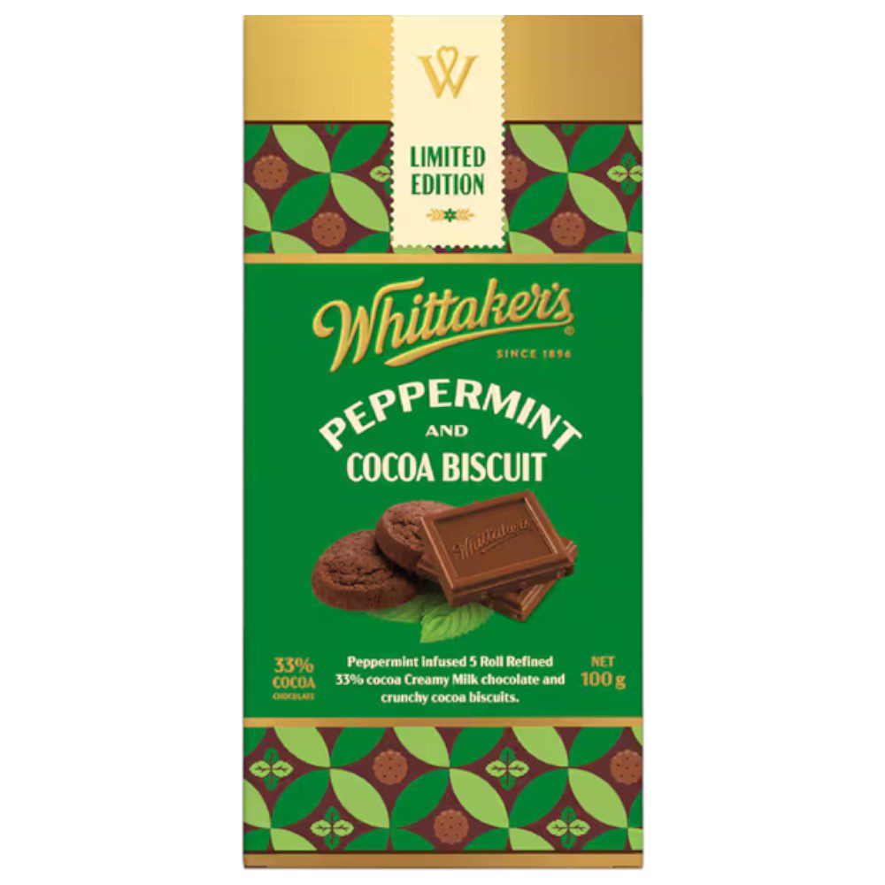 Whittaker's limited edition peppermint cocoa biscuit milk chocolate block packaging with green and brown design.