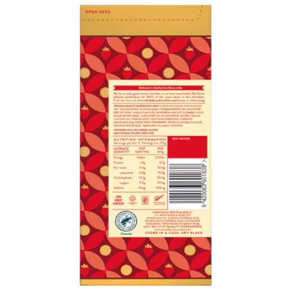 Back of Whittaker's limited edition strawberry shortbread milk chocolate block packaging with nutritional information.