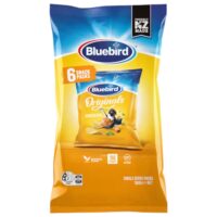 Bluebird Originals chicken-flavoured snack packs in a multipack of six, featuring a bright yellow design.