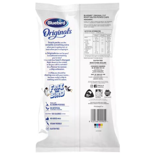 Back of a multipack of Bluebird Originals ready salted potato chips, showing nutritional information and packaging details.