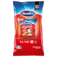 Bluebird Originals Ready Salted Multipack containing six snack packs of crisps, 108g total weight.