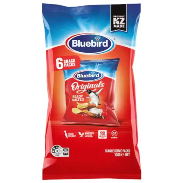 Bluebird Originals Ready Salted Multipack containing six snack packs of crisps, 108g total weight.