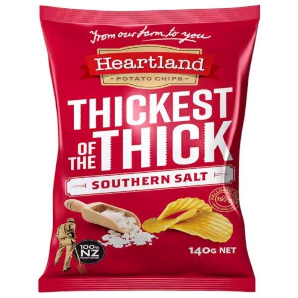 Red packaging of Heartland Thickest of the Thick Southern Salt potato chips, featuring a scoop of salt and chips.