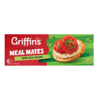 Pack of Griffin's Meal Mates Mixed Vegie Crackers weighing 230 grams with toppings on a cracker.